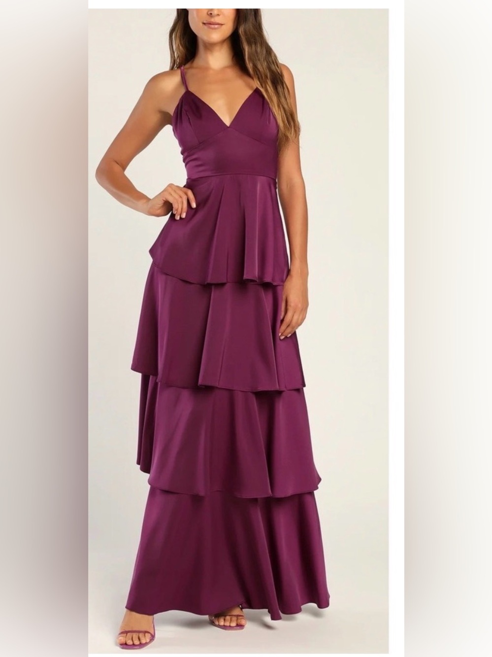 NWT Lulus Going with Elegance Plum Purple Satin Tiered Gown Small